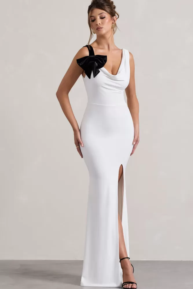 Club L London A Catch | White Cowl-Neck Fishtail Split Maxi Dress With Bow BLACKANDWHITE Discount