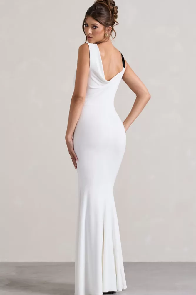Club L London A Catch | White Cowl-Neck Fishtail Split Maxi Dress With Bow BLACKANDWHITE Discount