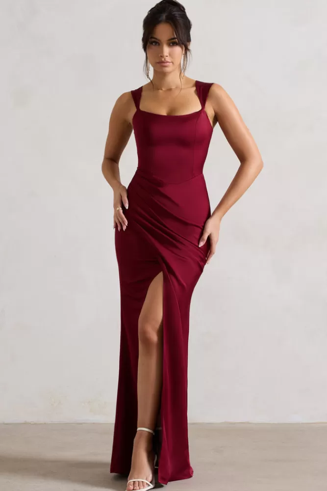 Club L London A Romantic | Satin Corset Wrap Maxi Dress BERRY Cheap