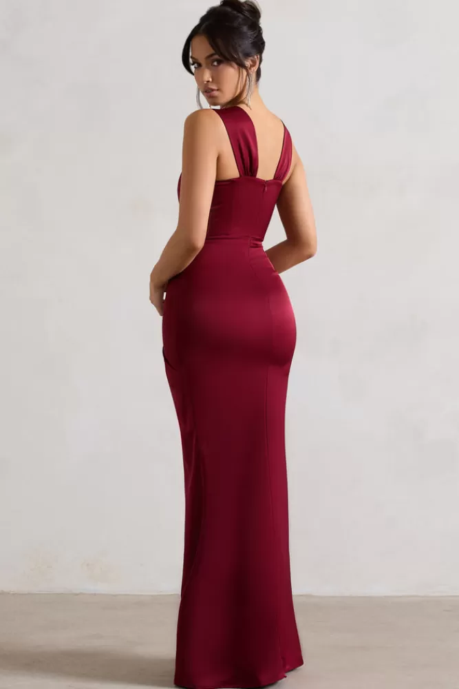 Club L London A Romantic | Satin Corset Wrap Maxi Dress BERRY Cheap
