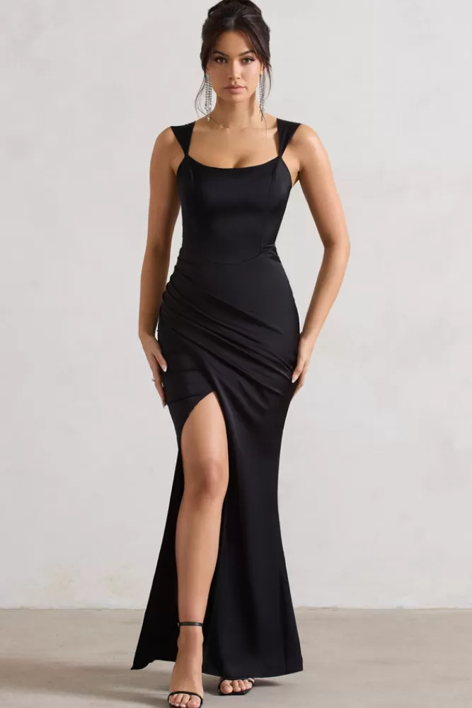 Club L London A Romantic | Satin Corset Wrap Maxi Dress BLACK Sale