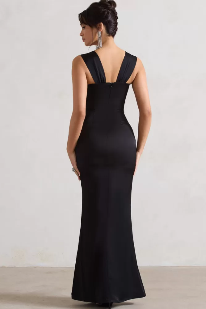 Club L London A Romantic | Satin Corset Wrap Maxi Dress BLACK Sale