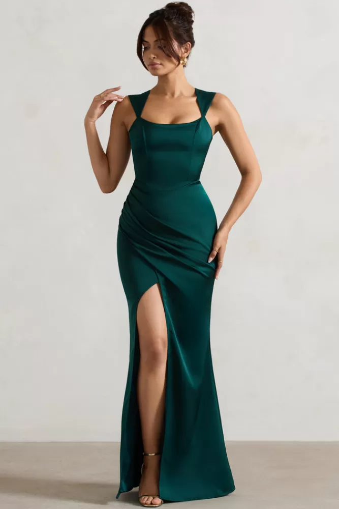 Club L London A Romantic | Green Satin Corset Wrap Maxi Dress BOTTLEGREEN Store