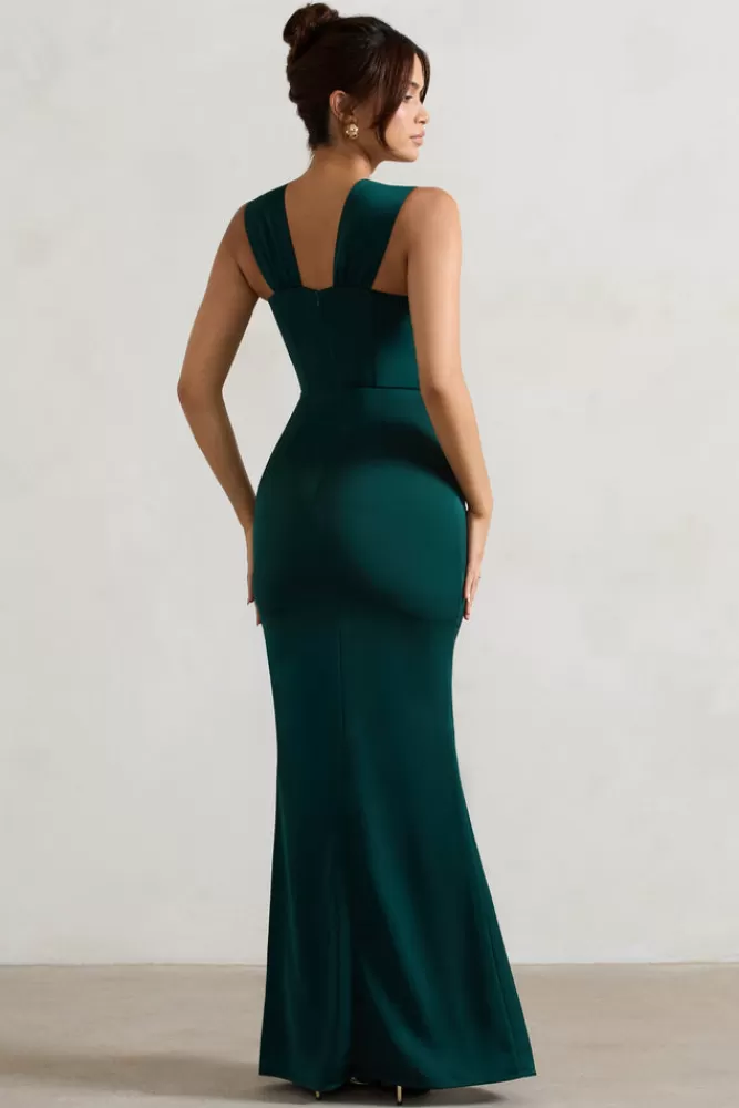 Club L London A Romantic | Green Satin Corset Wrap Maxi Dress BOTTLEGREEN Store