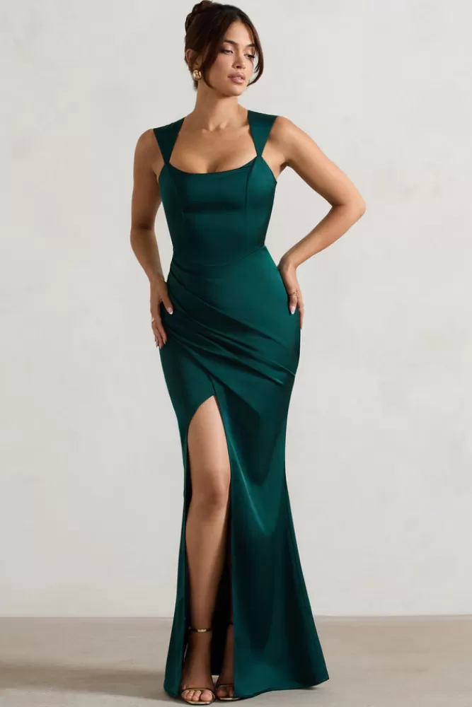 Club L London A Romantic | Green Satin Corset Wrap Maxi Dress BOTTLEGREEN Store