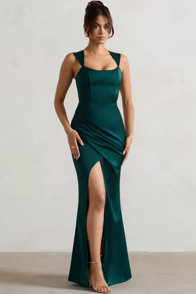Club L London A Romantic | Green Satin Corset Wrap Maxi Dress BOTTLEGREEN Store