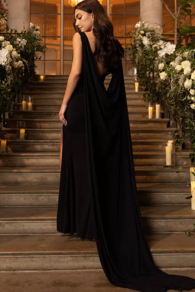 Club L London A Toast | Split Maxi Dress With Draped Cape BLACK Sale