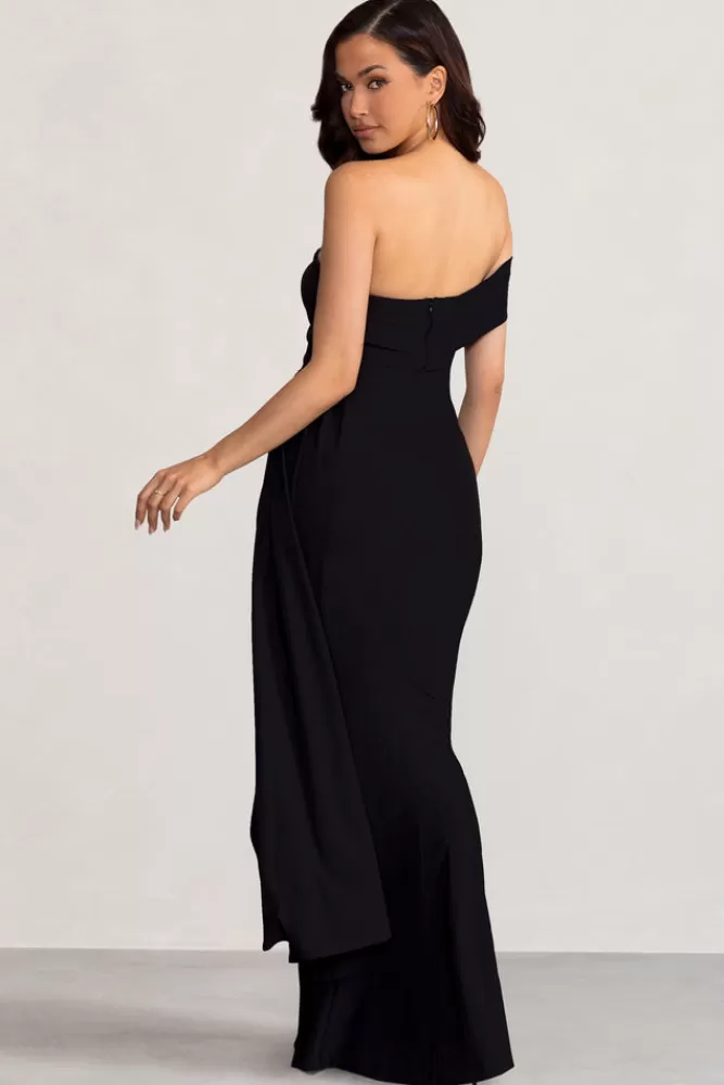 Club L London Aaliyah | Asymmetric Bardot Maxi Dress with Drape BLACK Hot