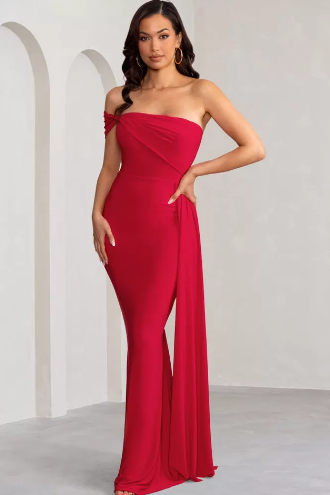 Club L London Aaliyah | Asymmetric Bardot Maxi Dress with Drape RED Sale