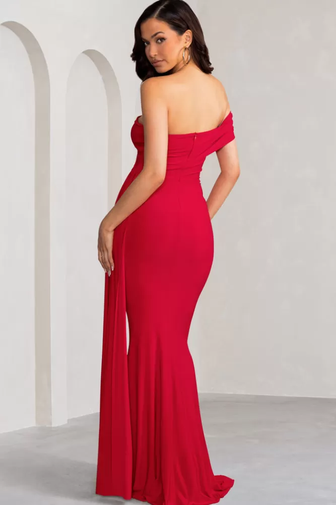 Club L London Aaliyah | Asymmetric Bardot Maxi Dress with Drape RED Sale