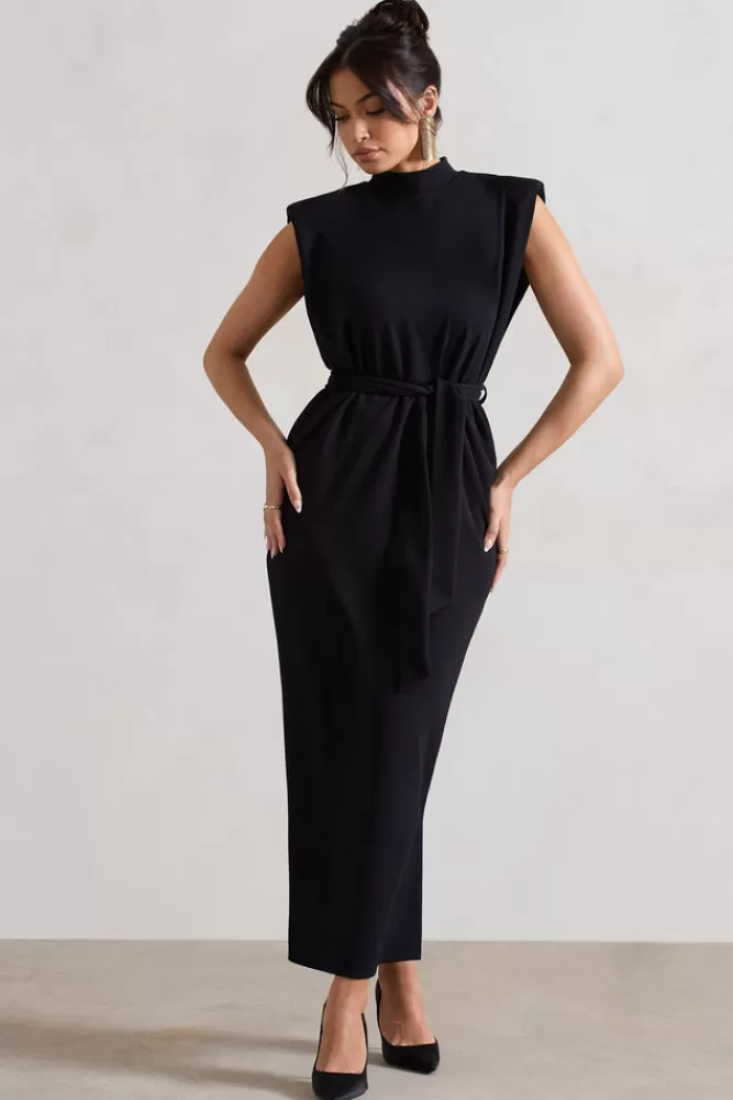 Club L London Abbie | High-Neck Maxi Dress With Tie Waist BLACK Clearance