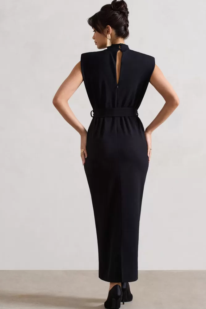 Club L London Abbie | High-Neck Maxi Dress With Tie Waist BLACK Clearance