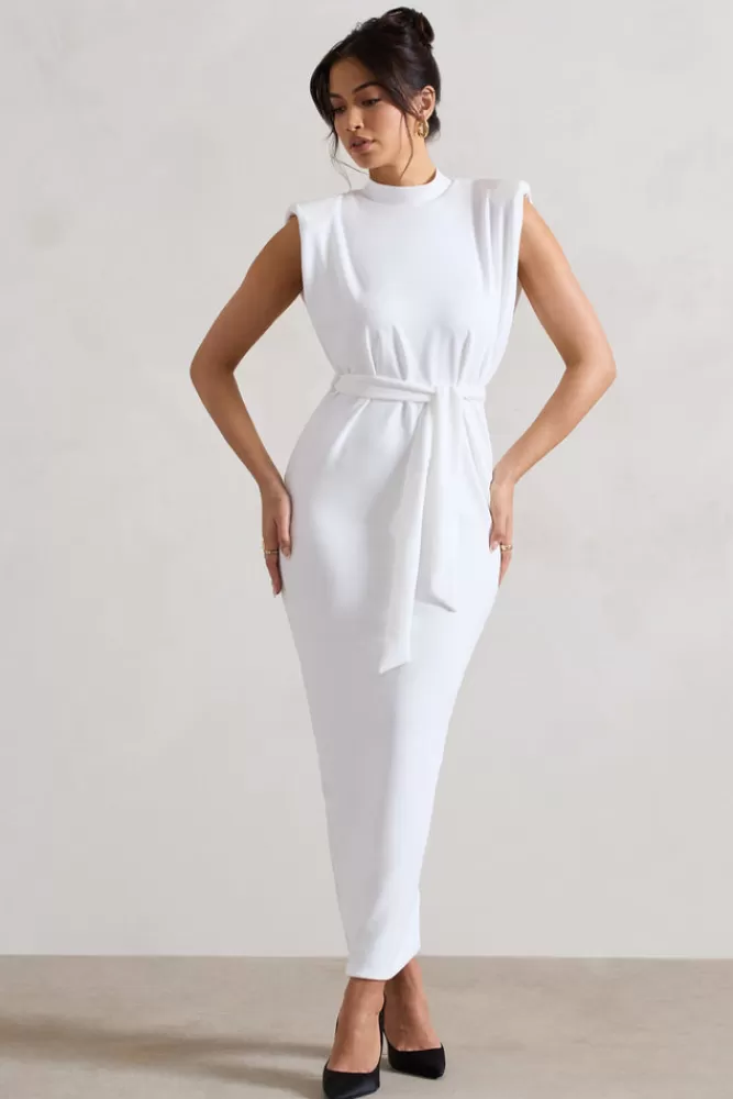 Club L London Abbie | White High-Neck Maxi Dress With Tie Waist ECRU Fashion