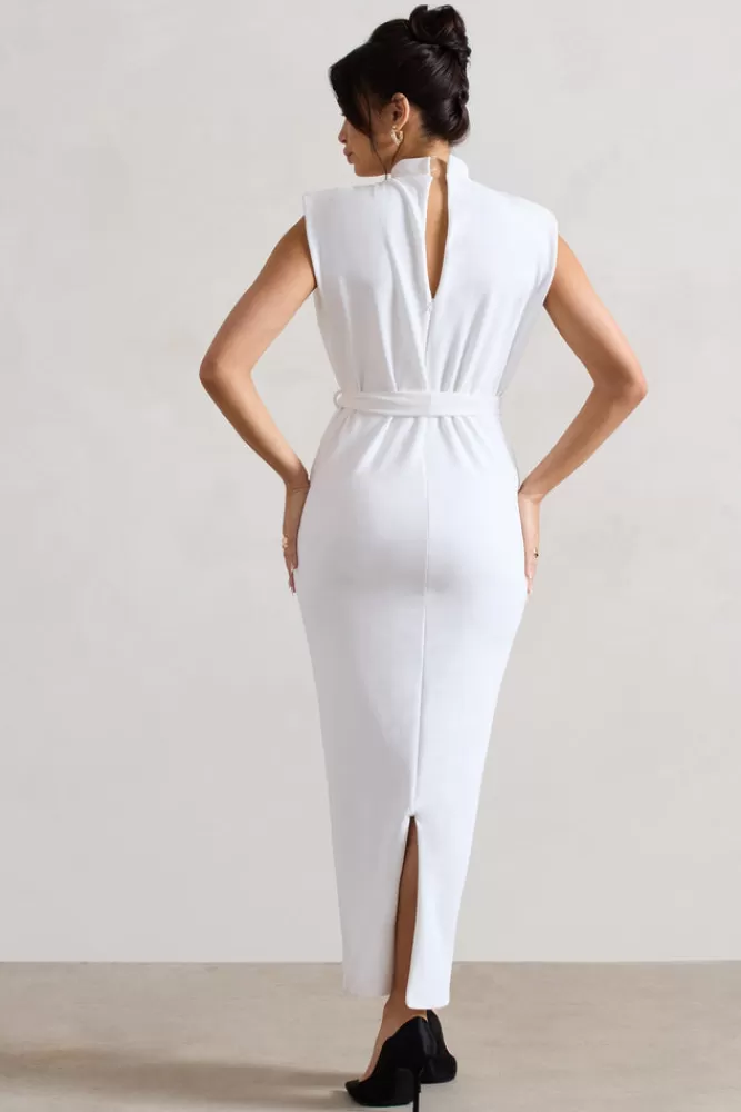 Club L London Abbie | White High-Neck Maxi Dress With Tie Waist ECRU Fashion