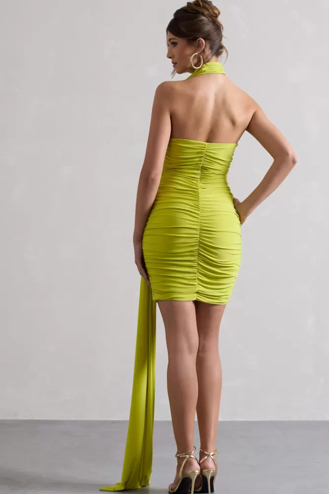 Club L London Abel | Lime Green Ruched One Shoulder Mini Dress With Scarf ACIDLIME Cheap