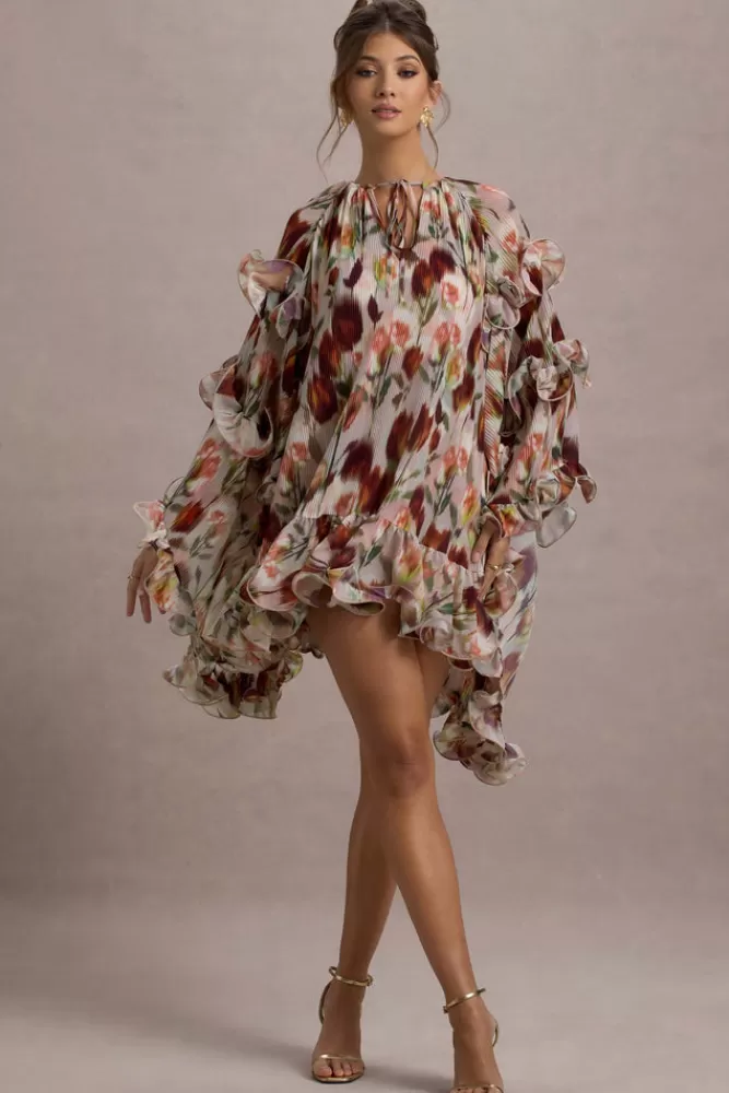 Club L London Abelia | Cream Floral Print High-Neck Cape-Sleeve Chiffon Mini Dress CREAMFLORAL New