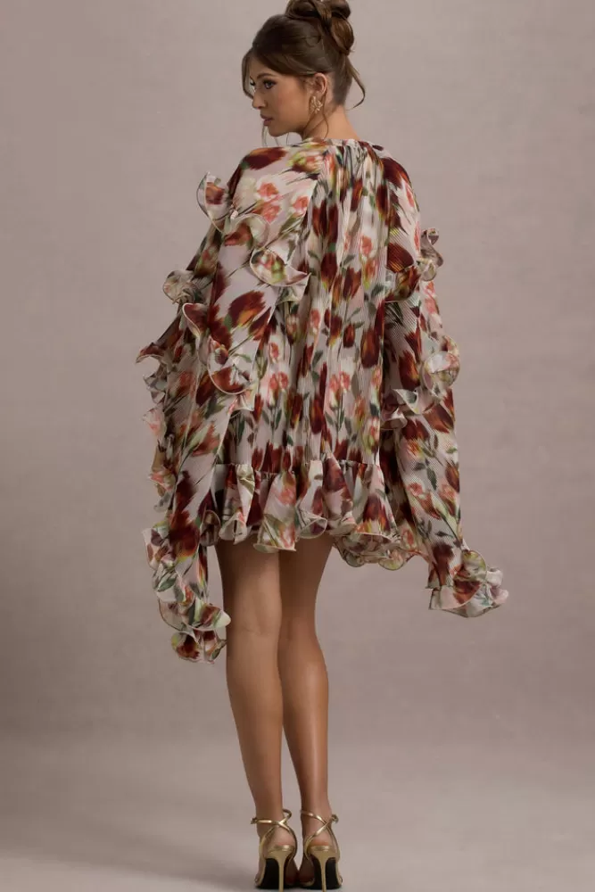 Club L London Abelia | Cream Floral Print High-Neck Cape-Sleeve Chiffon Mini Dress CREAMFLORAL New
