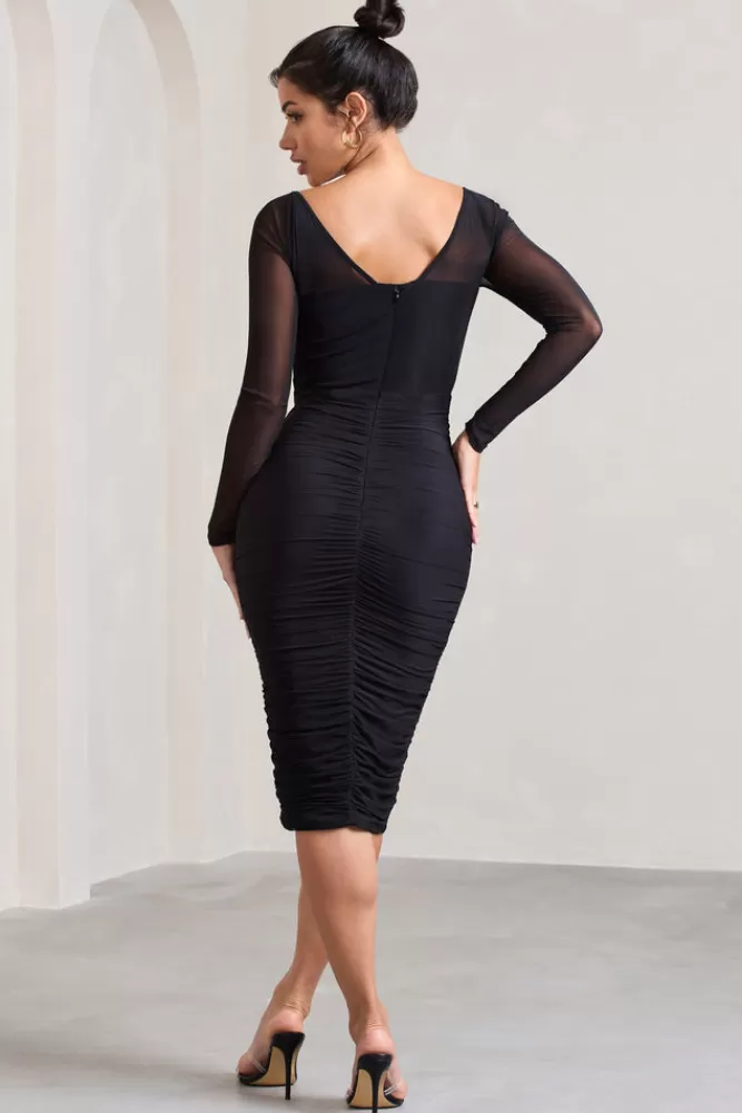 Club L London Abiba | Ruched Front Corset Midi Dress With Long Sleeves BLACK Best
