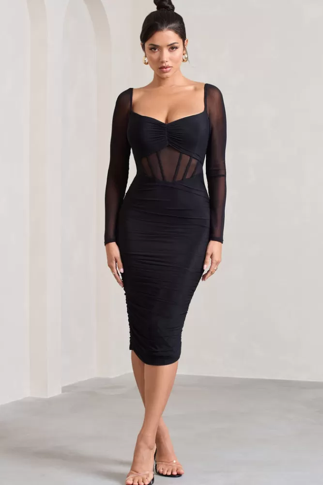 Club L London Abiba | Ruched Front Corset Midi Dress With Long Sleeves BLACK Best