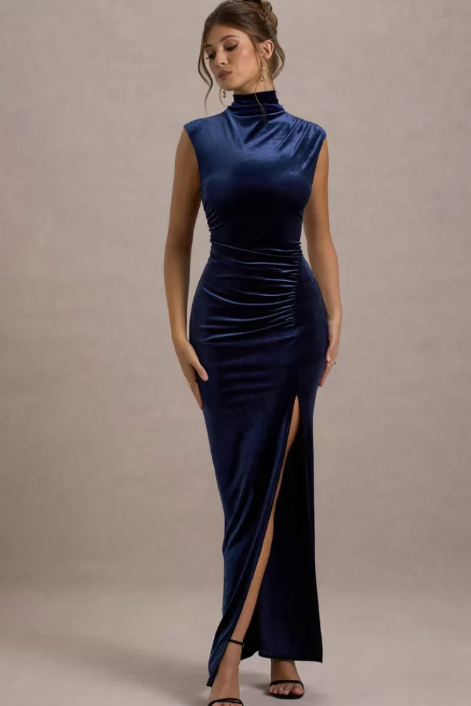 Club L London Abilene | Velvet High-Neck Split Maxi Dress NAVY Cheap