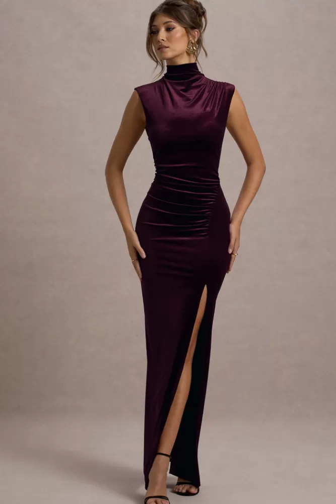 Club L London Abilene | Velvet High-Neck Split Maxi Dress PORT Cheap