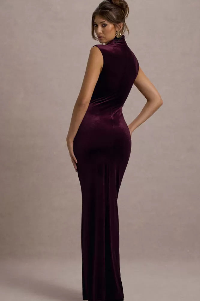 Club L London Abilene | Velvet High-Neck Split Maxi Dress PORT Cheap