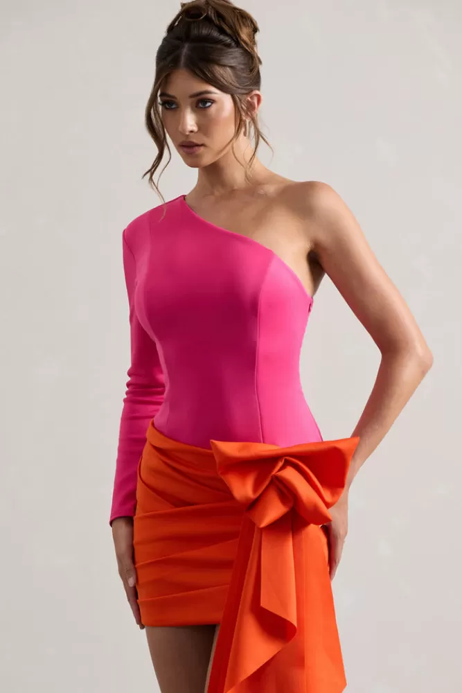 Club L London Abstract | Pink u0026 Orange One Shoulder Mini Dress With Side Drape HOTPINK&ORANGE Cheap
