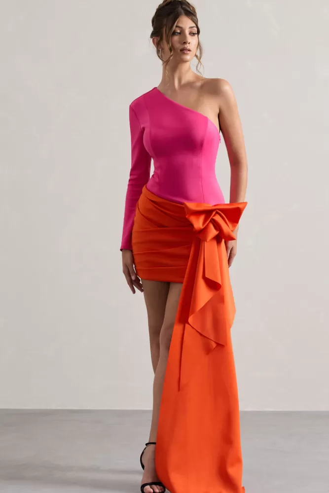 Club L London Abstract | Pink u0026 Orange One Shoulder Mini Dress With Side Drape HOTPINK&ORANGE Cheap