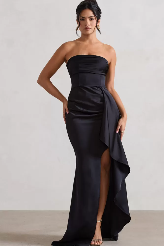 Club L London Ace | Satin Bandeau Split Maxi Dress With Ruffle Drape BLACK Store