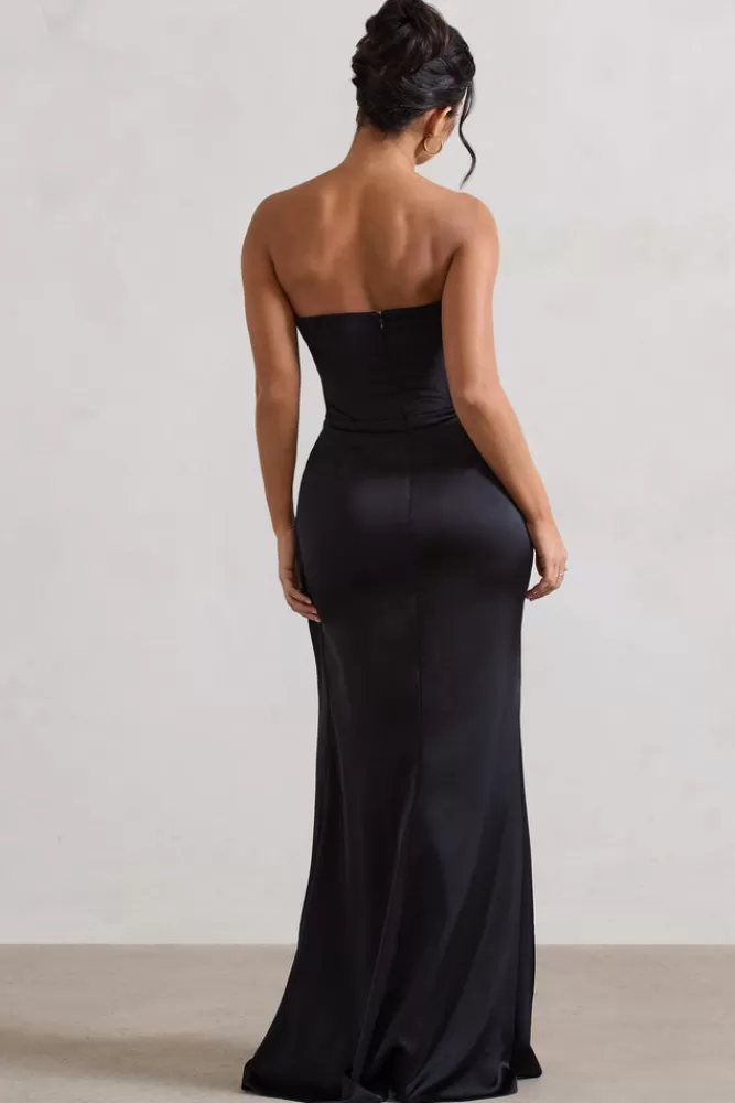 Club L London Ace | Satin Bandeau Split Maxi Dress With Ruffle Drape BLACK Store