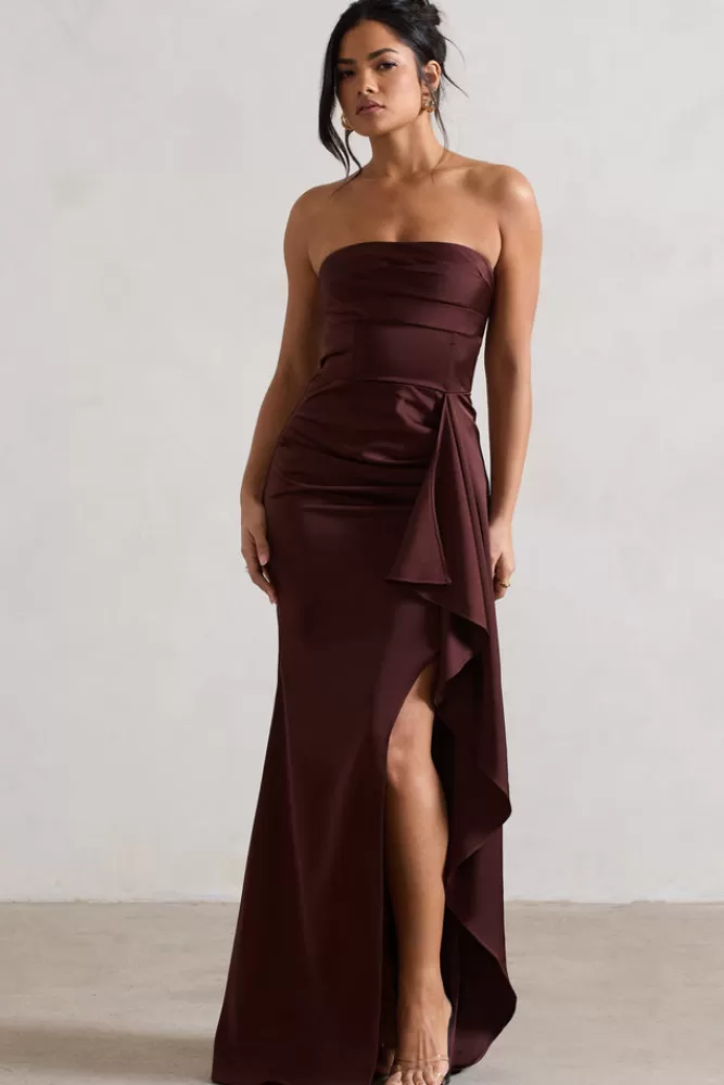 Club L London Ace | Brown Satin Bandeau Split Maxi Dress With Ruffle Drape CHOCOLATE Fashion