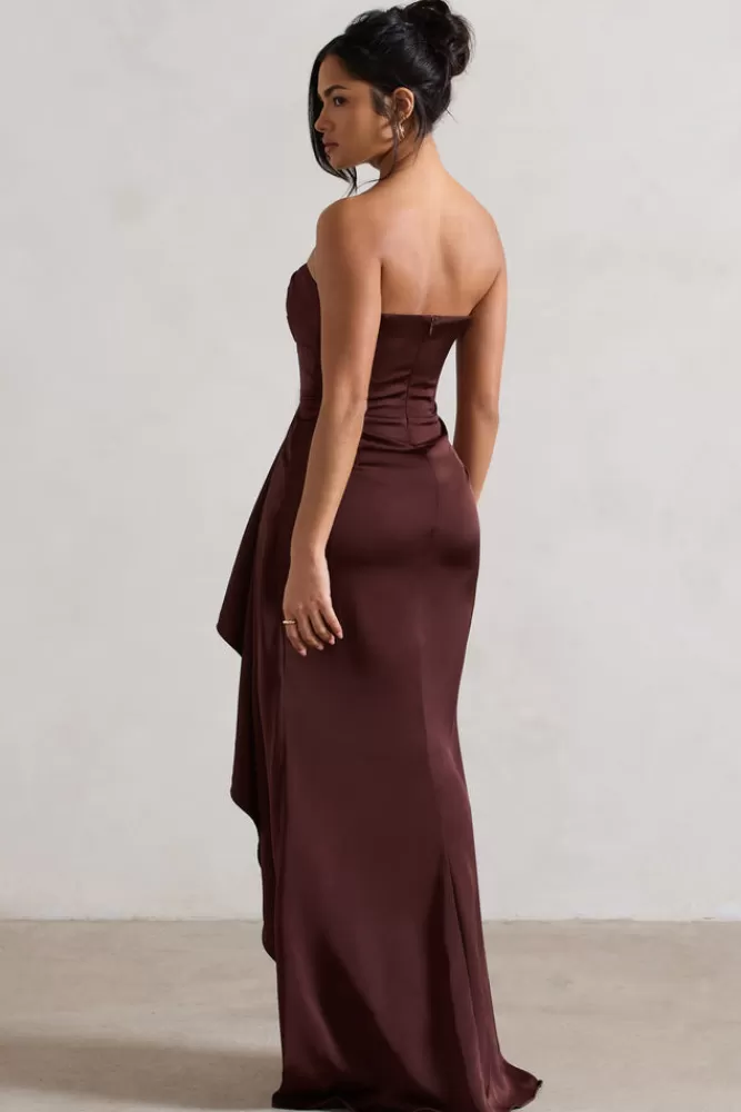 Club L London Ace | Brown Satin Bandeau Split Maxi Dress With Ruffle Drape CHOCOLATE Fashion