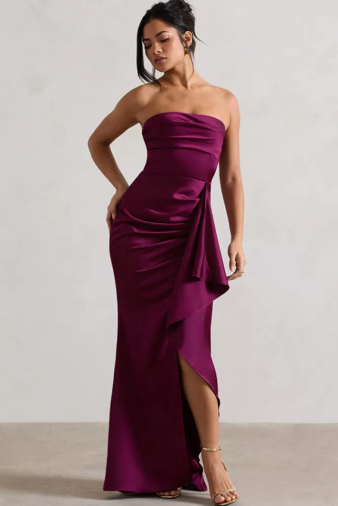 Club L London Ace | Satin Bandeau Split Maxi Dress With Ruffle Drape PLUM Hot