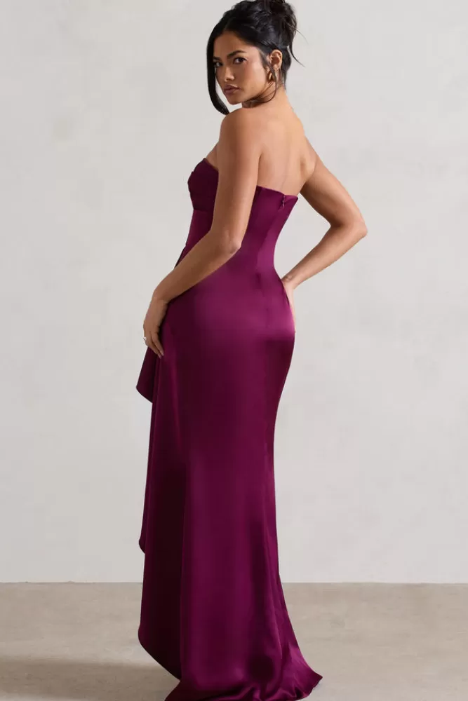 Club L London Ace | Satin Bandeau Split Maxi Dress With Ruffle Drape PLUM Hot