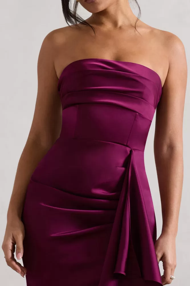 Club L London Ace | Satin Bandeau Split Maxi Dress With Ruffle Drape PLUM Hot