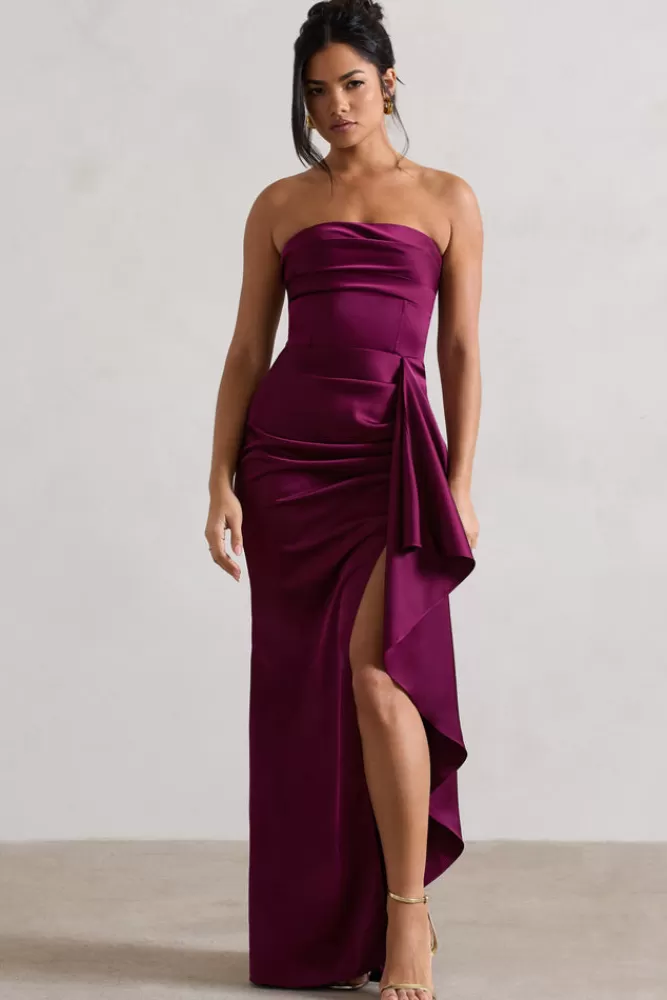 Club L London Ace | Satin Bandeau Split Maxi Dress With Ruffle Drape PLUM Hot