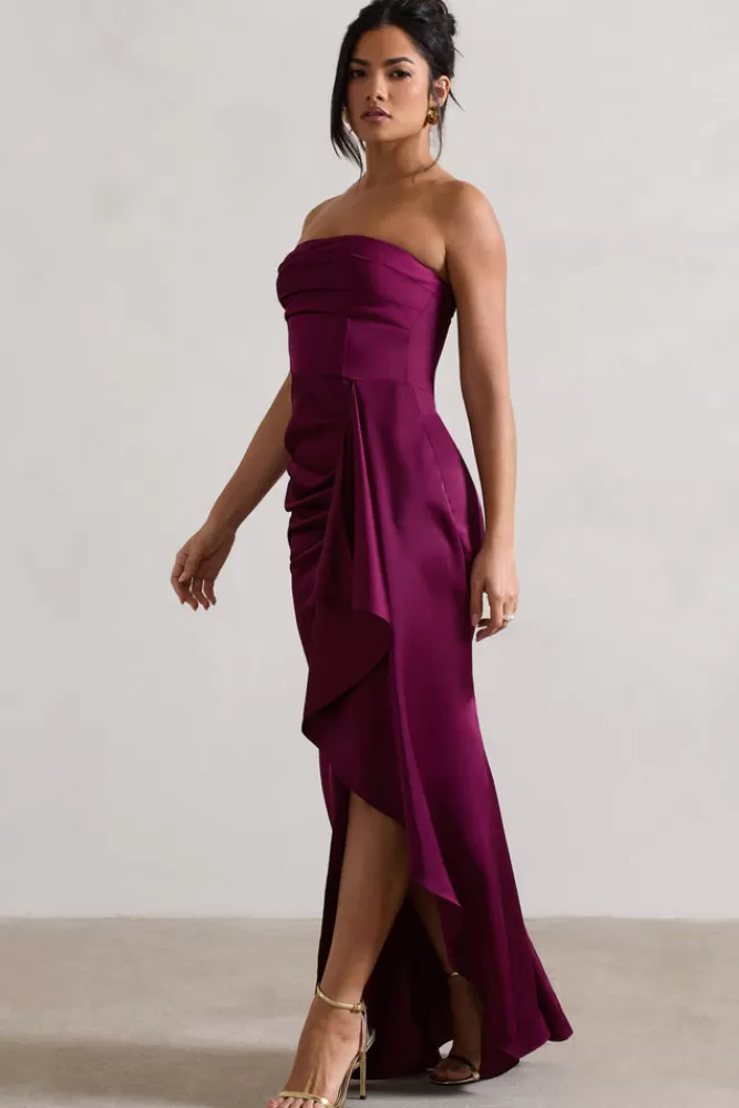 Club L London Ace | Satin Bandeau Split Maxi Dress With Ruffle Drape PLUM Hot