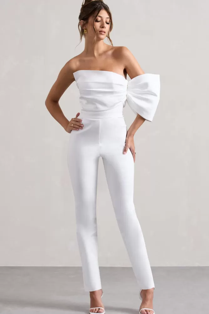 Club L London Adabella | Satin Strapless One-Sleeve Straight-Leg Jumpsuit WHITE Outlet