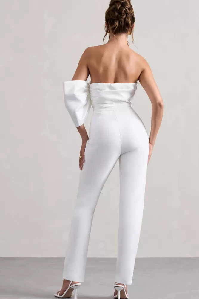 Club L London Adabella | Satin Strapless One-Sleeve Straight-Leg Jumpsuit WHITE Outlet