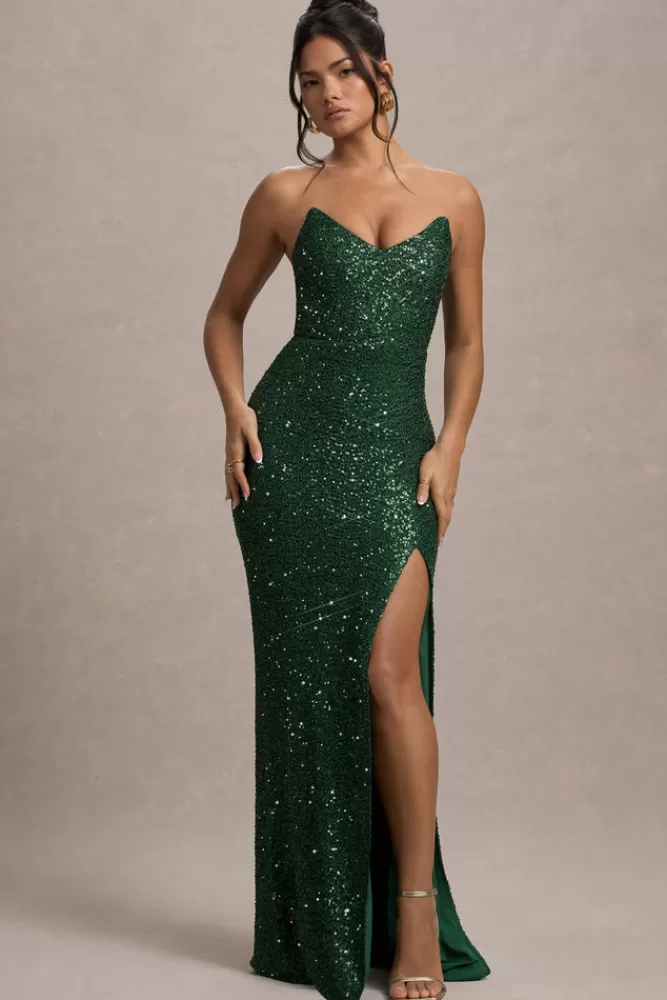 Club L London Adalee | Bottle Green Sequin Strapless Maxi Dress BOTTLEGREEN Best