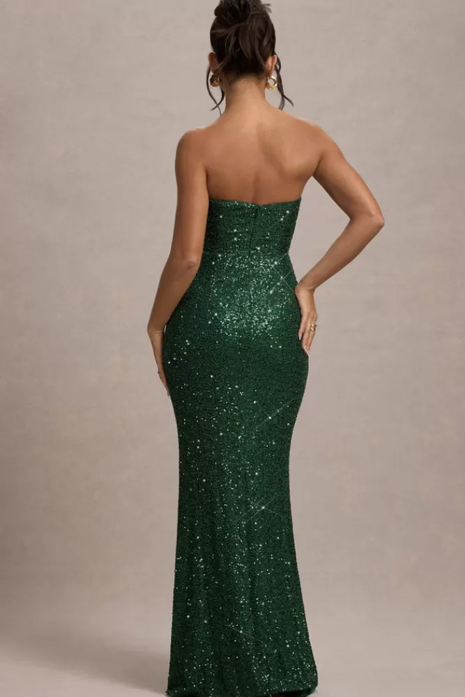 Club L London Adalee | Bottle Green Sequin Strapless Maxi Dress BOTTLEGREEN Best