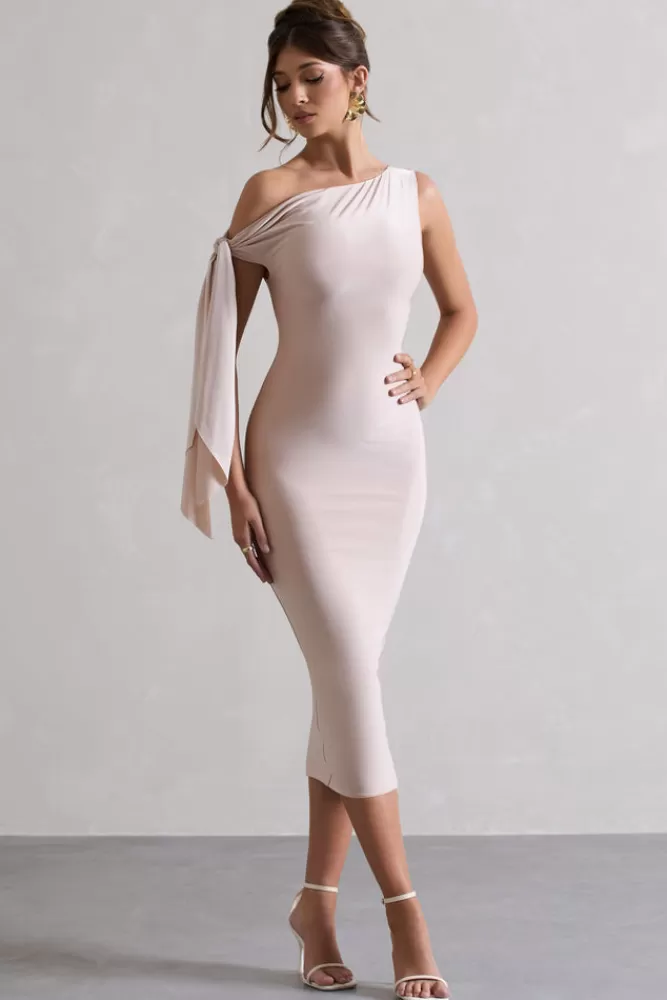 Club L London Adapt | Asymmetric Midi Dress With Tie Sleeve CHAMPAGNE Sale