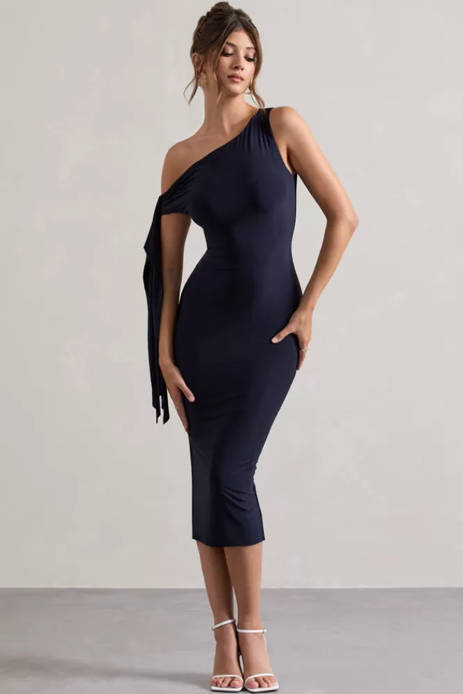 Club L London Adapt | Asymmetric Midi Dress With Tie Sleeve NAVY Shop