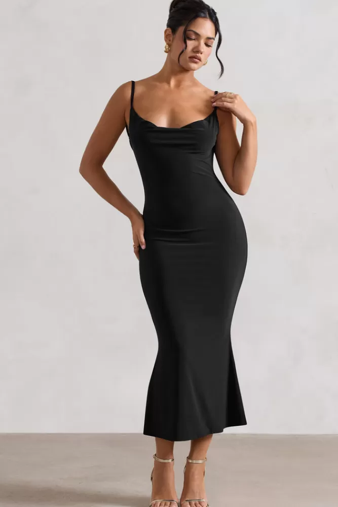 Club L London Addison | Cowl-Neck Open-Back Midi Dress With Lace BLACK New