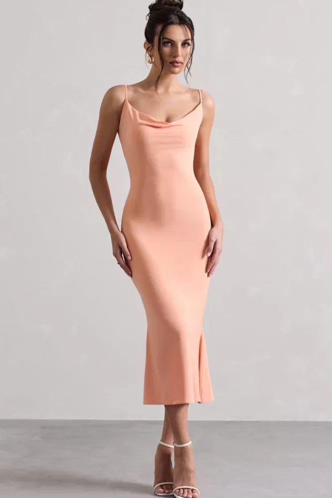 Club L London Addison | Cowl-Neck Open-Back Midi Dress With Lace CORAL Sale