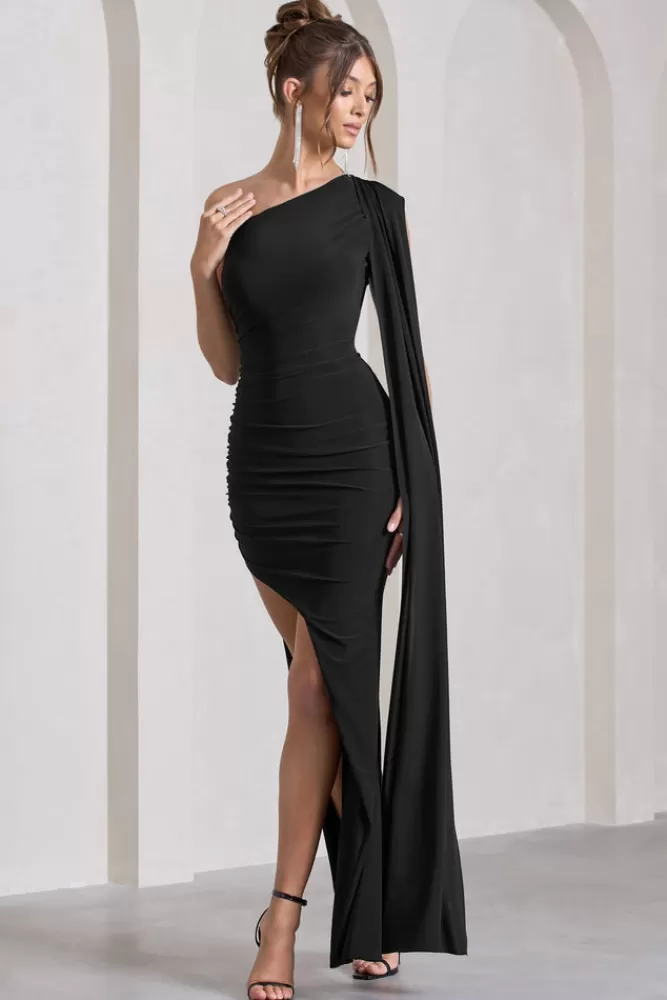 Club L London Adelaide | Asymmetric Sleeveless Split Maxi Dress BLACK New