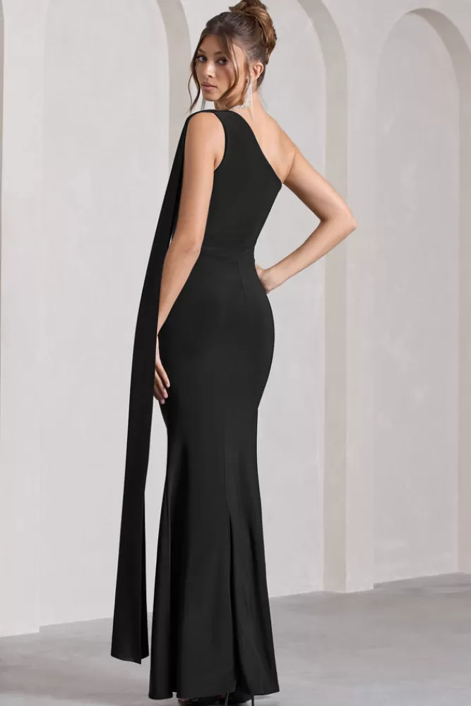 Club L London Adelaide | Asymmetric Sleeveless Split Maxi Dress BLACK New