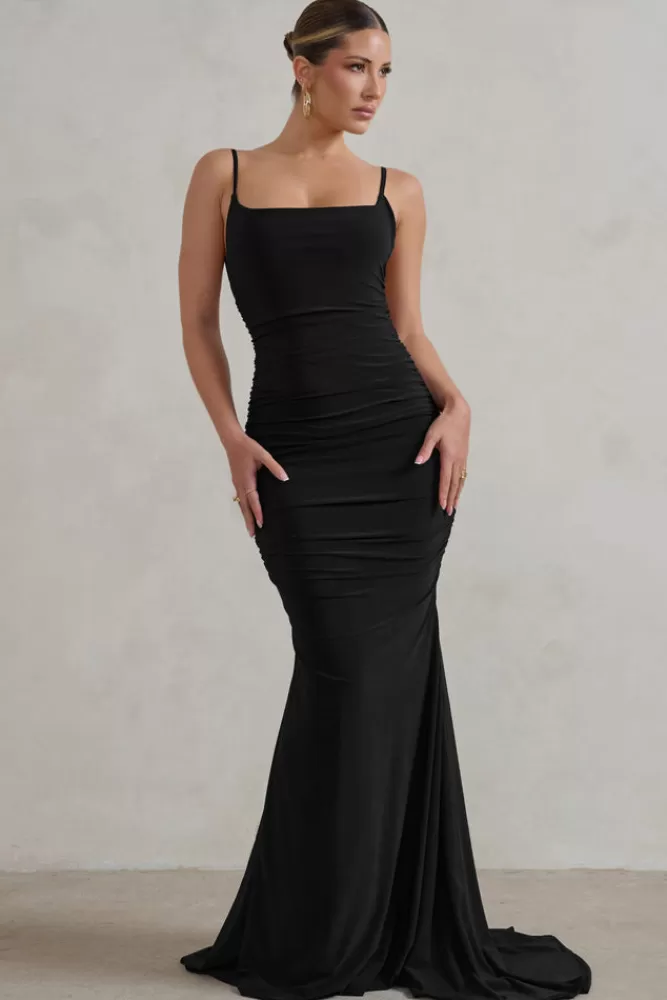 Club L London Adele | Ruched Fishtail Cami Maxi Dress BLACK Store