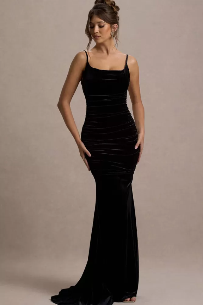 Club L London Adele | Velvet Ruched Strappy Fishtail Maxi Dress BLACK Cheap