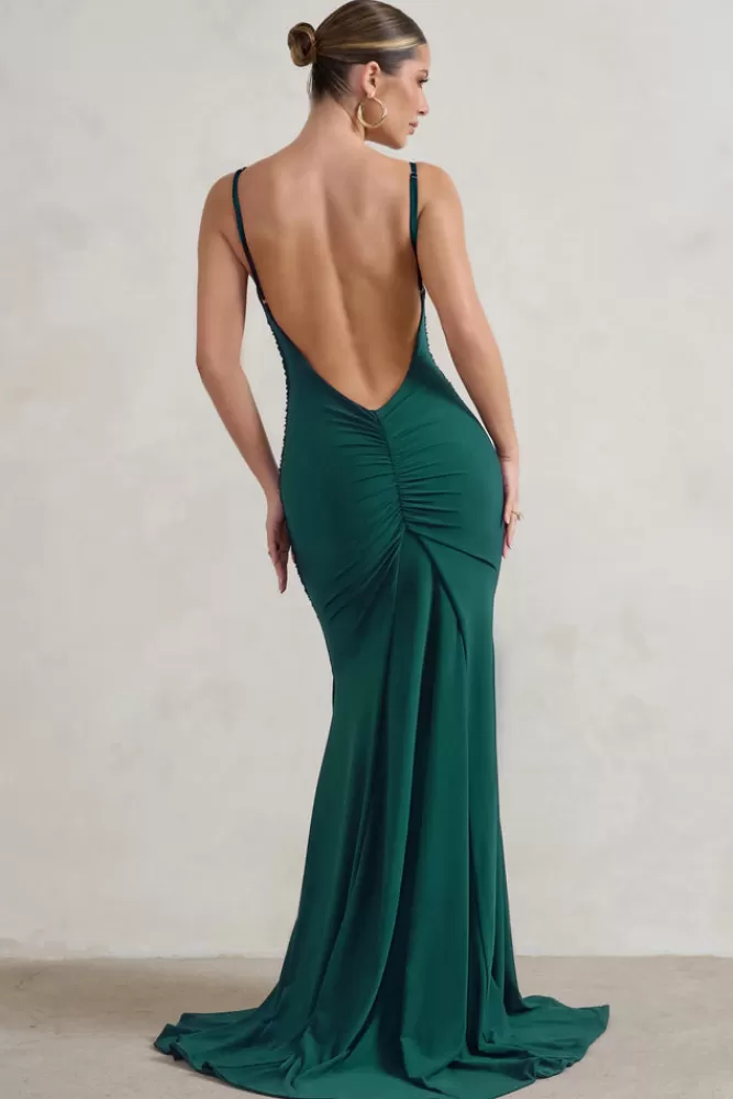 Club L London Adele | Bottle Green Backless Ruched Fishtail Cami Maxi Dress BOTTLEGREEN Shop